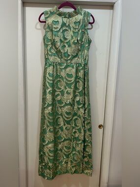 Sleeveless Emerald Maxi Dress with Gold Swirl Detailing